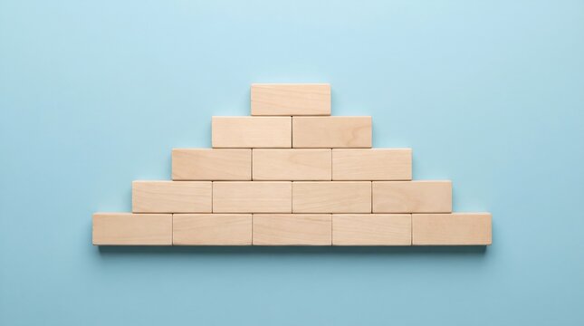 A pyramid structure built from wooden blocks on a blue background