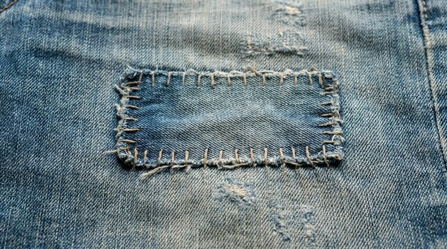A close-up shot of a denim patch stitched onto a pair of jeans. The patch is rectangular and made of blue denim, with visible stitching around its edges