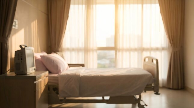 A hospital room with a medical bed, bedside table, and monitoring equipment, bathed in soft sunlight streaming through sheer curtains