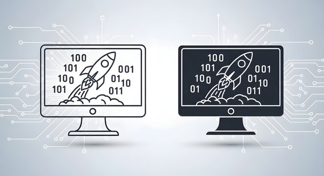 Computer monitor icon set showing rocket launch and binary data