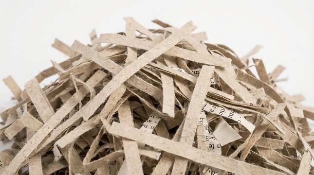 A pile of shredded paper in a heap, showing the texture of the torn material. The paper appears to be a light brown or tan color, with some text visible on a few pieces
