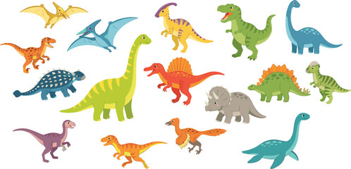 Cute cartoon dinosaur vector character illustration collection featuring tyrannosaurus rex triceratops brachiosaurus pterodactyl and prehistoric wildlife © abul Islam