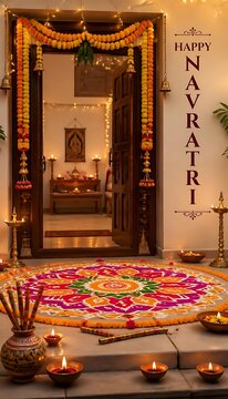 Happy navratri festive entrance decorated with colorful floral rangoli and glowing oil lamps