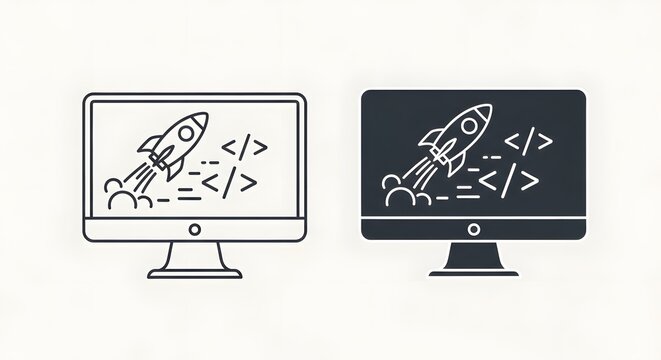 Monitor icon set displaying a rocket launching with lines of code