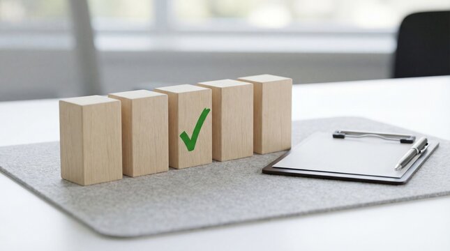 Five wooden blocks arranged in a row on a desk, with a green checkmark on one of them, beside a clipboard