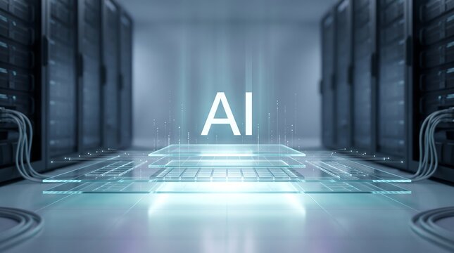 Futuristic server room with glowing transparent data layers and floating digital information representing high performance computing and advanced data center infrastructure technology