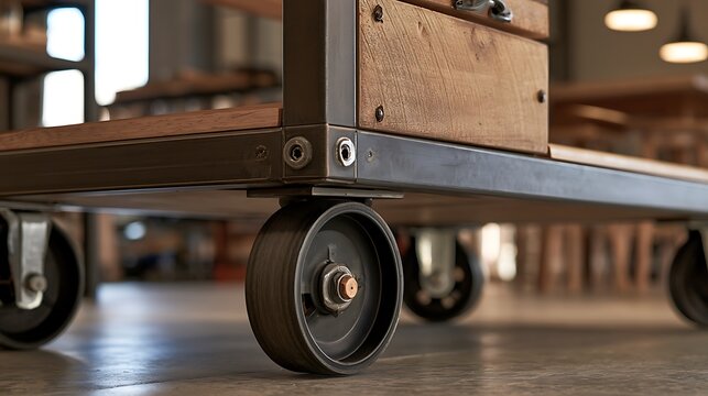 Industrial Style Furniture Cart with Metal Wheels on Wooden Floor.