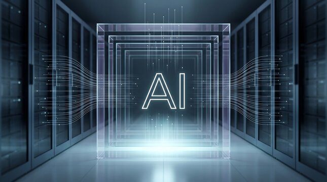 Artificial intelligence data processing cube floating in server room with glowing network lines representing advanced computing power and secure cloud storage infrastructure technology