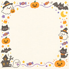 Fototapeta premium Cute Halloween Crayon Doodle Frame for Social Media Post and Instagram Story, Ghosts Pumpkins Bats Border with Copy Space
