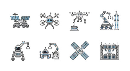 Set of flat vector icons depicting space rovers drones satellites and robotic machinery © Shalahuddin