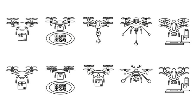 Set of black outline icons depicting delivery drones cargo packages QR code landing pads and charging stations
