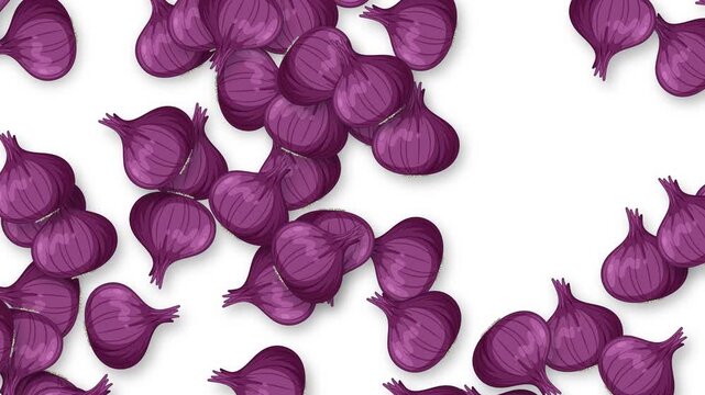 Animated Red Onions Falling Downwards Against a Plain White Background