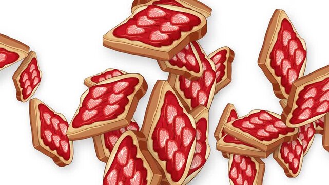 Animated Strawberry Jam Toast Slices Falling on White Background