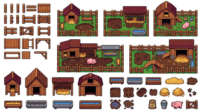 Pixel art farm asset pack featuring wooden barns fences and animals for retro game development level design and indie video game environment