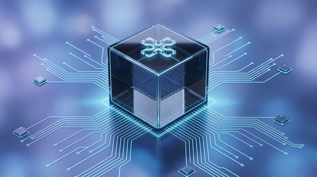 Digital 3d cube processor chip with glowing circuit board connections against soft blue background representing advanced computer hardware technology and modern electronic engineering systems