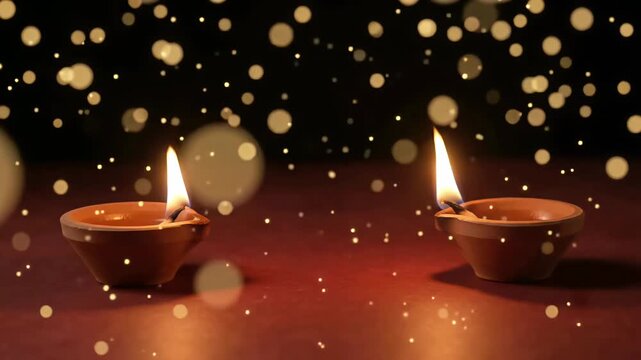 Framed by two traditional glowing diyas on a warm surface, this festive animated video background provides wide central copy space beneath a shower of golden bokeh and floating light particles
