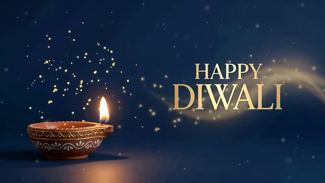 Elegant golden Happy Diwali typography beside a glowing ornate diya, magical dark blue holiday greeting motion graphic with rising sparks
