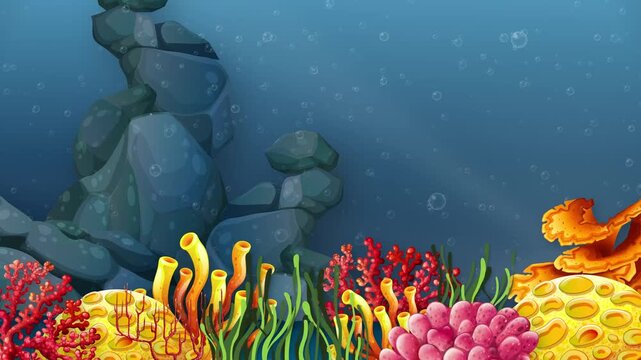 Cartoon Underwater Coral Reef with Sunbeams and Bubbles Animation