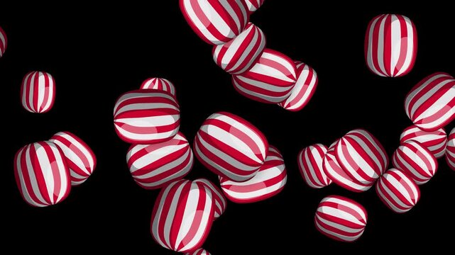 Red and White Striped Hard Candy Bursting on Black Background