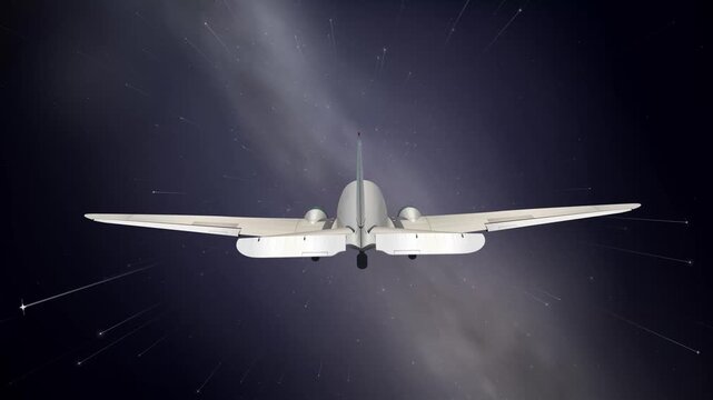 Vintage Propeller Plane Flying Through Deep Space and Starry Galaxy