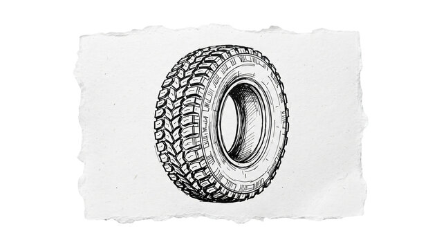 Rubber car tire tread pencil sketch on torn paper scrap, auto wheel spare part, transparent background
