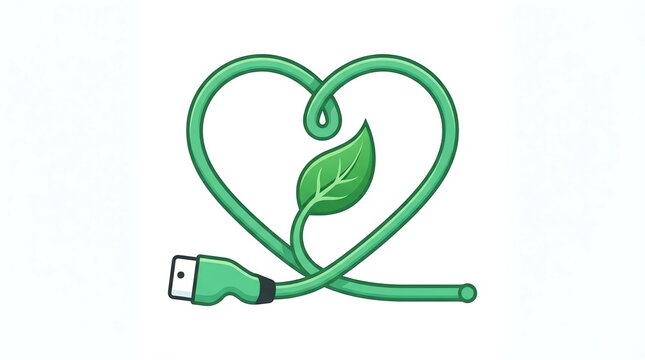 Green USB cable heart with leaf with transparent background