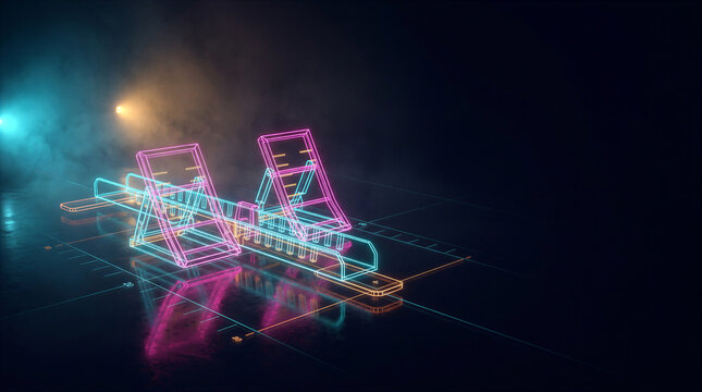 Pink and Cyan Neon Wireframe Sprint Starting Blocks Glowing in Dark Smoke with Right Copy Space for Esports Style Sports Banner