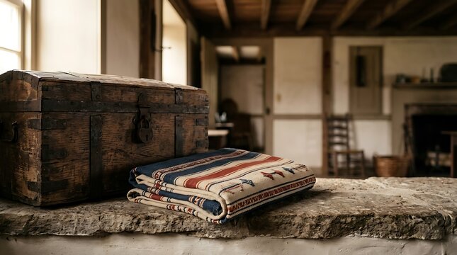 A textile with a 13 colonies flag pattern resting on a rustic stone ledge next to a wooden chest in a historical room