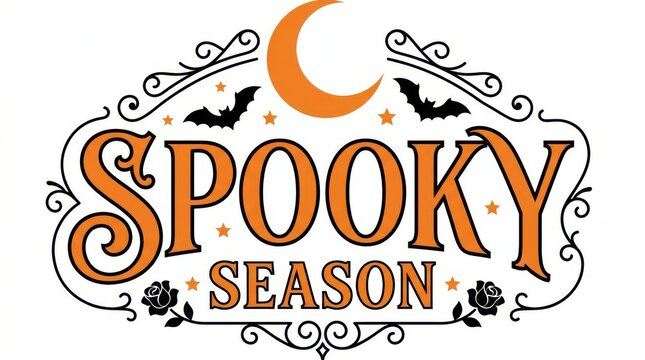 Spooky Season Halloween text design with crescent moon and bats