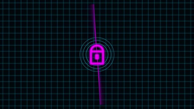 Neon pink padlock icon on a dark digital grid background