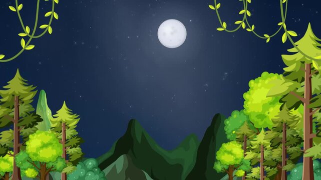 Cartoon Forest Landscape Under Clear Night Sky with Full Moon Loop