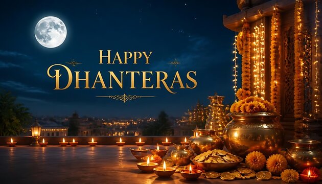 Happy dhanteras evening scenery with traditional brass vessels and oil lamps under full