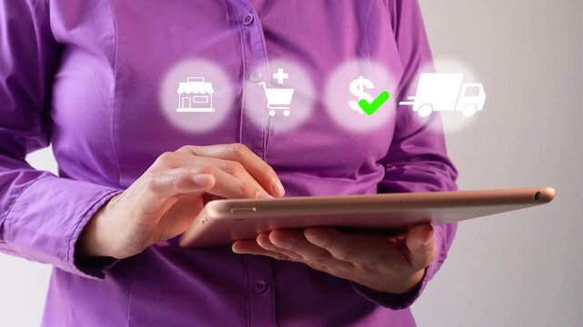 Close-up of a businesswoman interacting with her tablet, featuring an animation that depicts the online shopping process, from the initial order to final delivery.