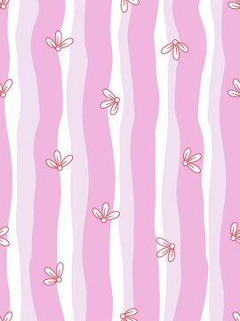 A sweet seamless pattern featuring wavy pastel pink stripes decorated with simple tiny flowers for kids, nursery, wrapping paper, and fabric designs.