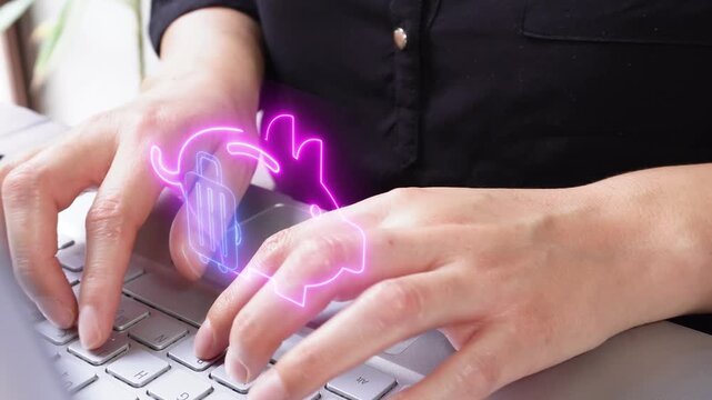 Saving for travel. Close-up of a female executive typing on her laptop, featuring a virtual icon of a piggy bank with a travel suitcase.