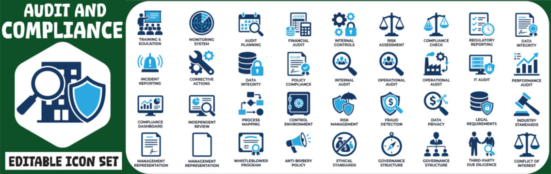 Comprehensive icon set for regulatory compliance risk management and corporate governance solutions