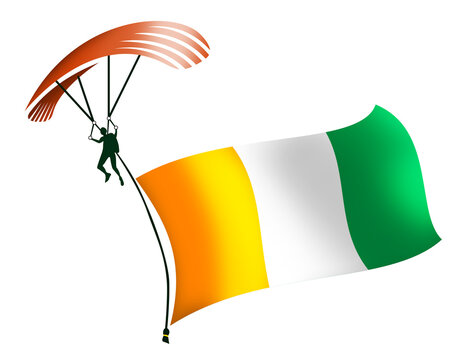 A skydiver, A paratrooper, A parachutist carrying a flag of Ivory Coast