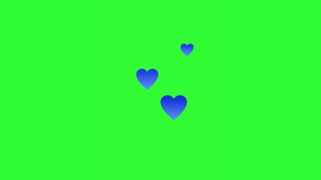 Blue heart shapes of different sizes floating and drifting across a bright green screen background