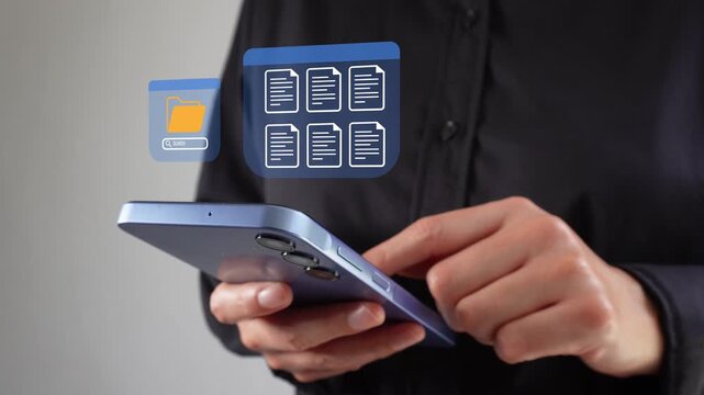 Professional businesswoman checking her mobile phone, featuring an animation of a digital document management interface.