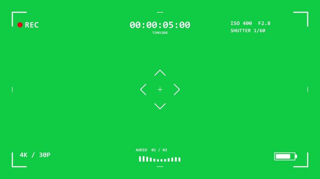 Animated 4K digital camera viewfinder recording screen overlay with timecode on green screen