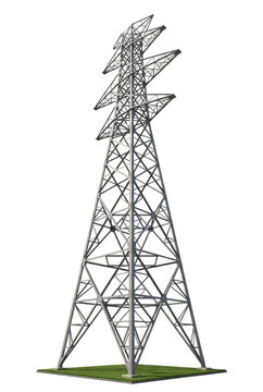 High voltage electrical transmission tower on transparent background