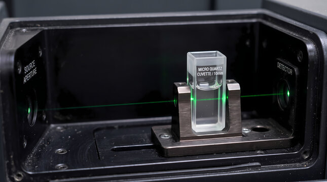 Green laser beam passing through micro quartz cuvette in spectrometer