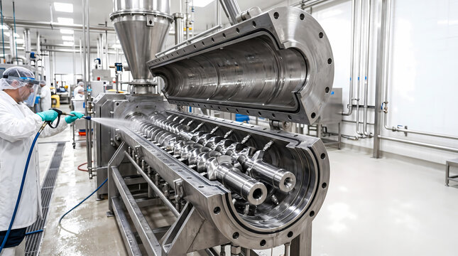 Twin screw extruder open barrel being washed with high pressure water jet