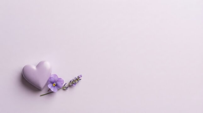 A pastel purple heart and delicate violet blossoms rest on a soft lavender background amethyst blossom botanical bud celebration close up