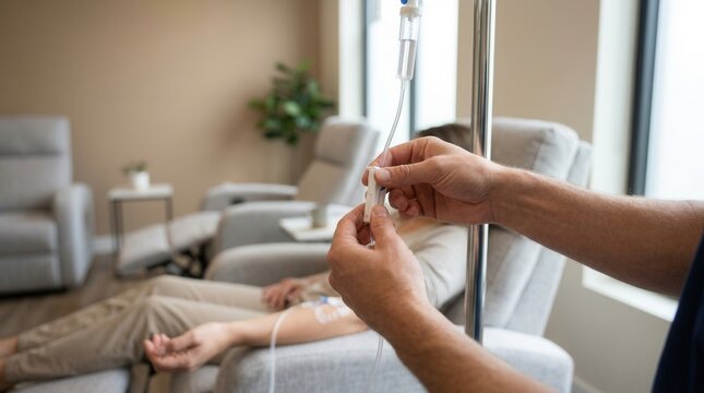 Nurse Administering IV Drip Therapy to Patient in Comfortable Clinic Setting