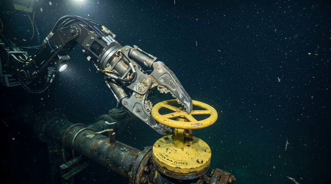 Subsea ROV manipulator arm turning yellow subsea valve handle