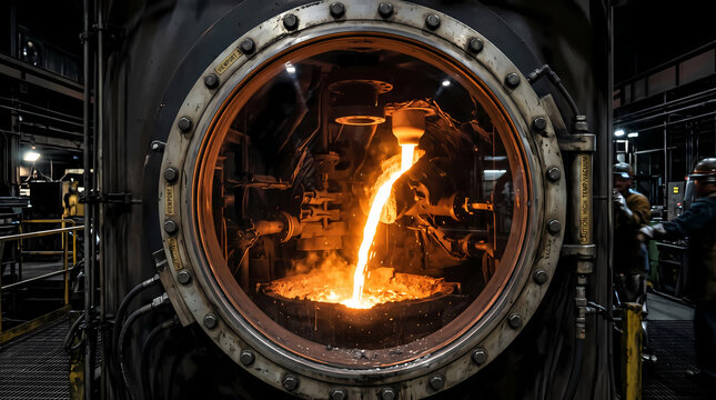 Vacuum induction melting furnace pouring molten metal into crucible