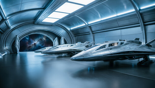 Futuristic interplanetary spaceship hangar, clean metallic surfaces, soft ambient blue lighting.