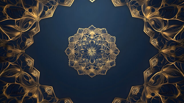 Intricate golden mandala pattern with symmetrical arabesque designs on dark background with Elaborate mandala symmetrical golden arabesque details against deep dark backdrop