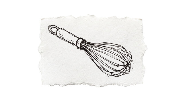 Kitchen wire whisk pencil drawing on torn paper scrap, cooking baking balloon whisk utensil, transparent background